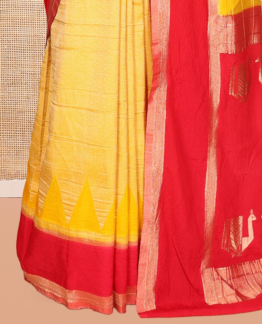 Yellow Wrinkle Crepe Saree, Contrast Temple Border, Peacock Pallu, and a Contrast Blouse