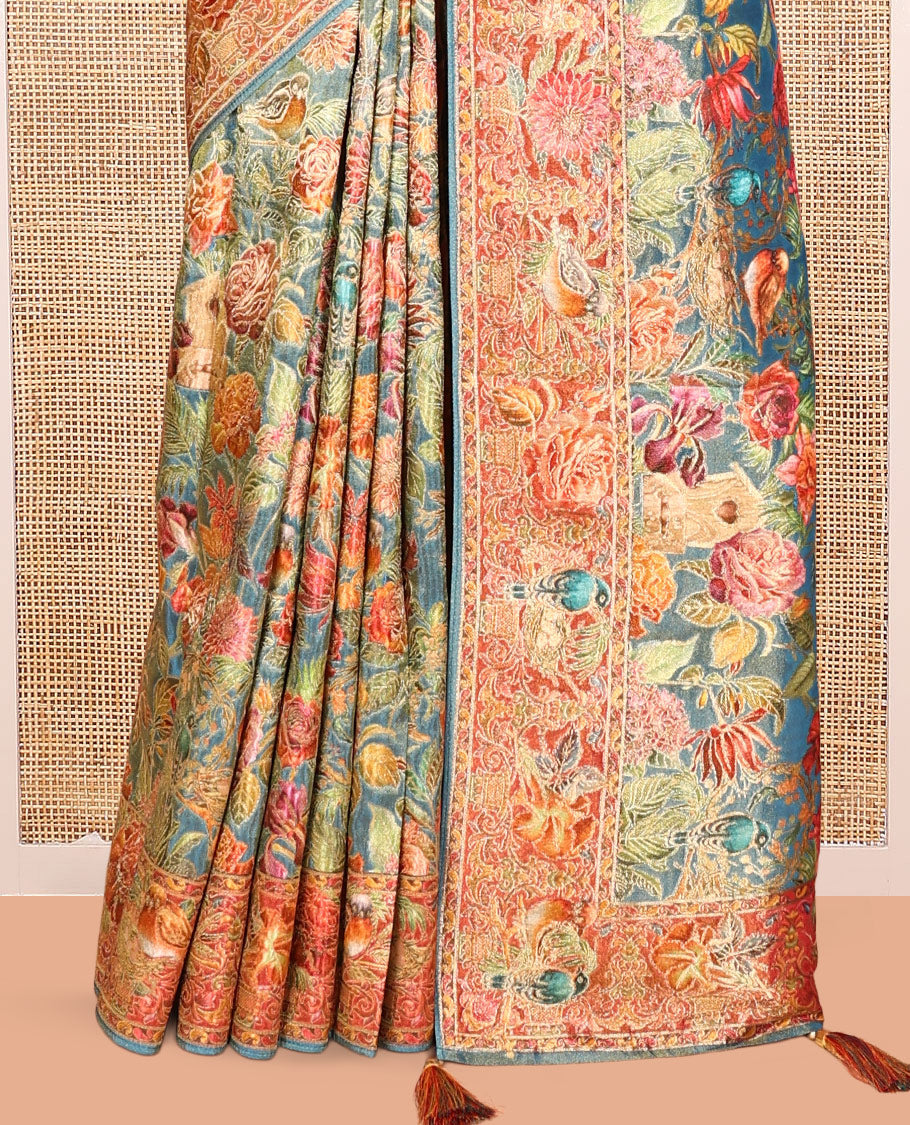 Blue Tropical Floral Russian Dola Tissue Saree, Floral-Bird Border, and a Matching Blouse