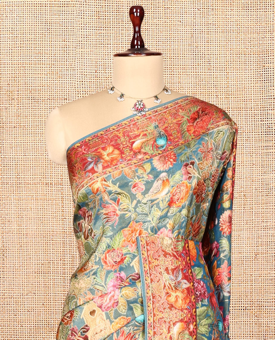 Blue Tropical Floral Russian Dola Tissue Saree, Floral-Bird Border, and a Matching Blouse