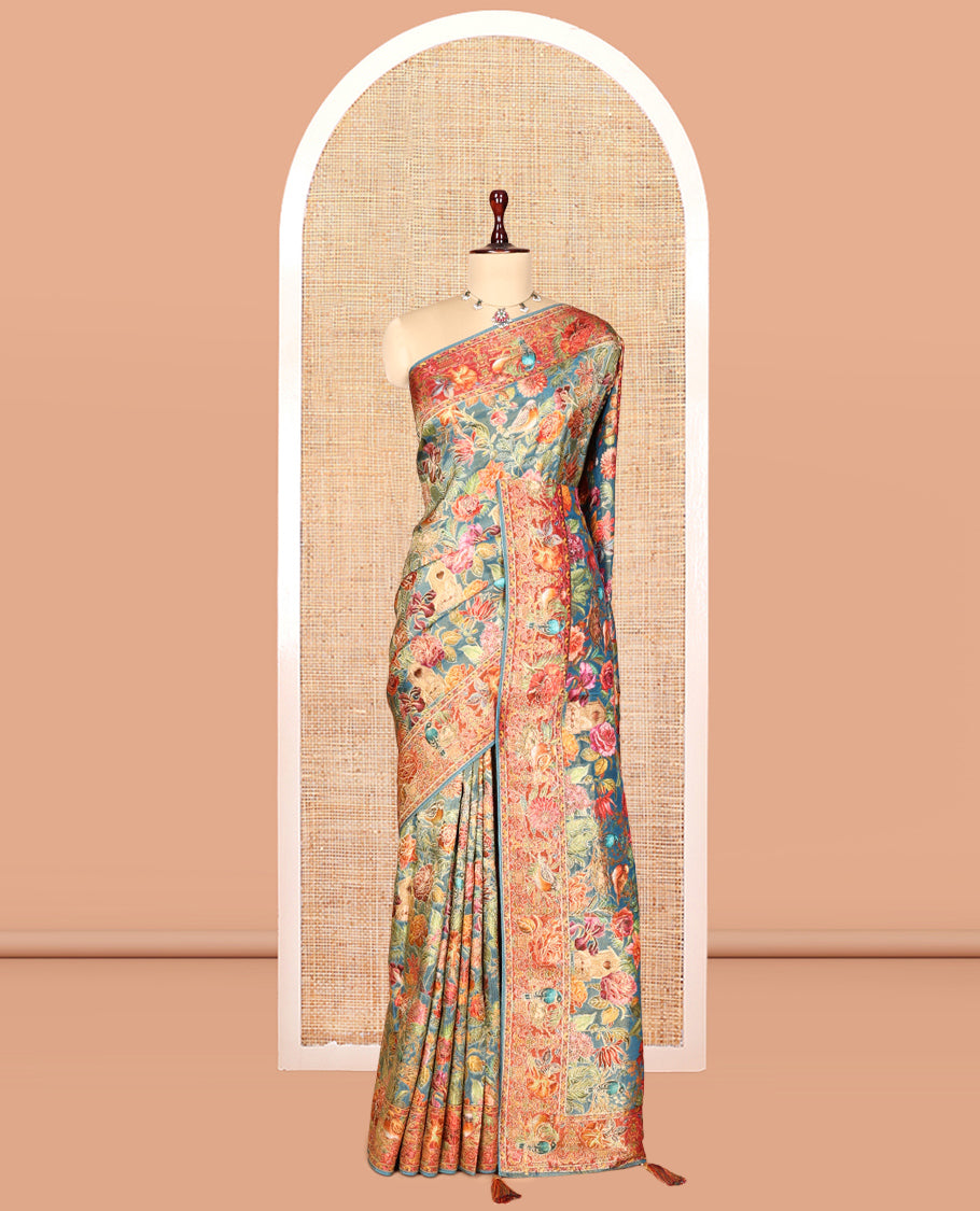 Blue Tropical Floral Russian Dola Tissue Saree, Floral-Bird Border, and a Matching Blouse