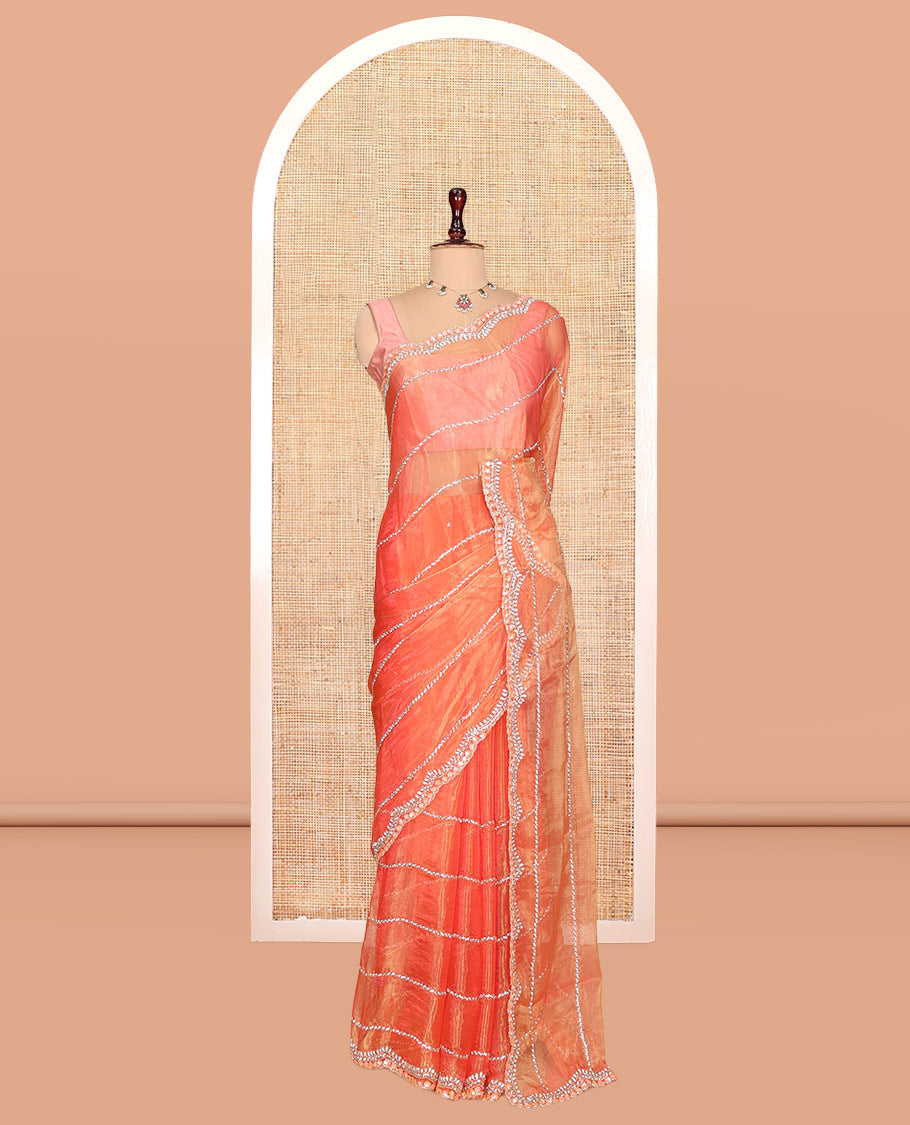 Dusky Peach Stone-Kardana Work Organza Designer Saree with a Scallop Embroidery Border, Matching Blouse