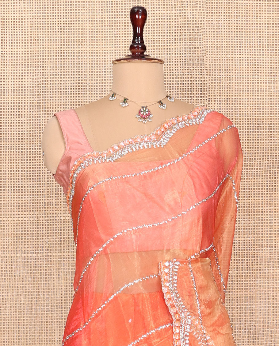 Dusky Peach Stone-Kardana Work Organza Designer Saree with a Scallop Embroidery Border, Matching Blouse