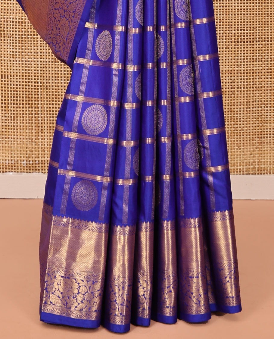 M.s Blue Vasundhara Silk Saree Features Zari Butta Enclosed Checks, a Zari Border of Mayil Kann and Kodi Visiry, Jaal Pallu, and Comes with a Matching Blouse