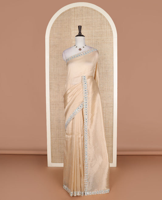 Sandal stone work designer saree, eye shaped embroidered scallop border