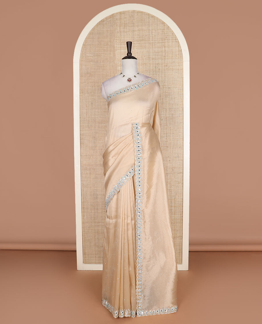 Sandal stone work designer saree, eye shaped embroidered scallop border