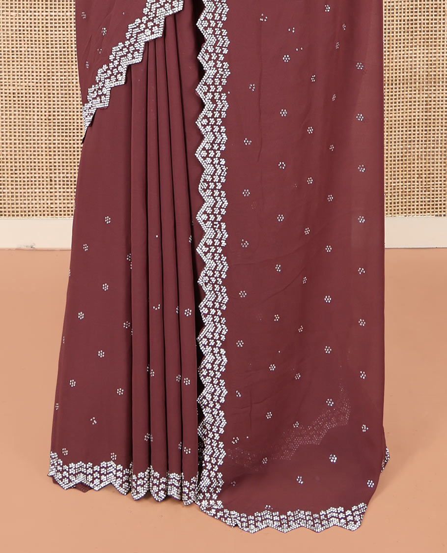 Dark Rosewood Pink Designer Saree, Decorated with Stones All Over Its Body, a Scallop Stone Work Border, and Matching Blouse