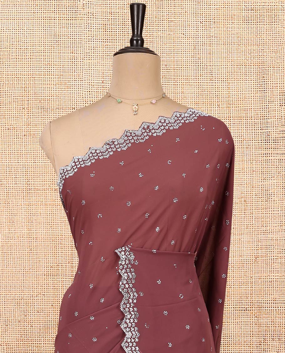 Dark Rosewood Pink Designer Saree, Decorated with Stones All Over Its Body, a Scallop Stone Work Border, and Matching Blouse