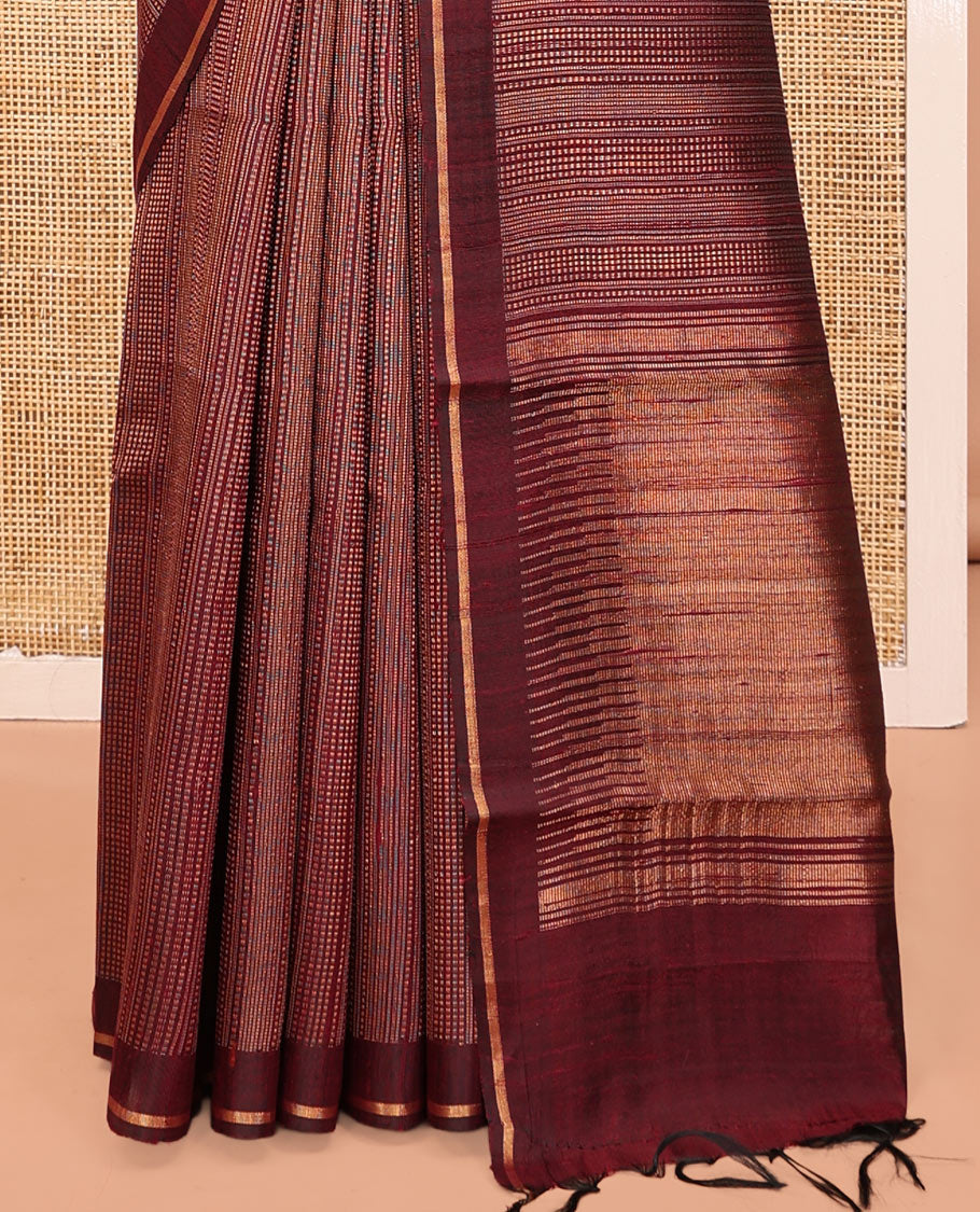 Brown Dupion Silk Saree, Steeped in Richness of Stripes, a Self-Border, Gleaming Zari Temple Pallu, and a Matching Blouse