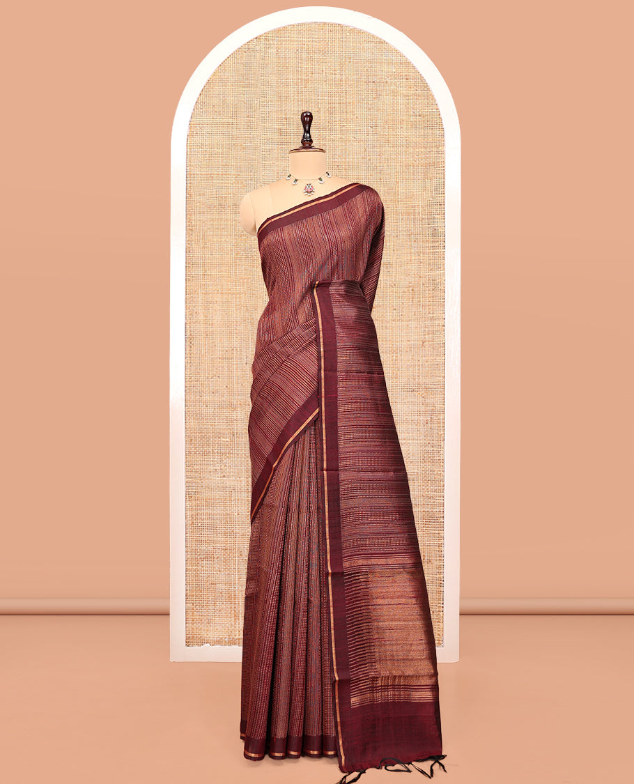 Brown Dupion Silk Saree, Steeped in Richness of Stripes, a Self-Border, Gleaming Zari Temple Pallu, and a Matching Blouse