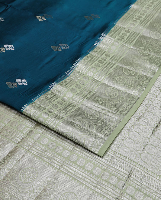 Blue floral motifs raw mango silk saree with contrast zari design border & floral design pallu