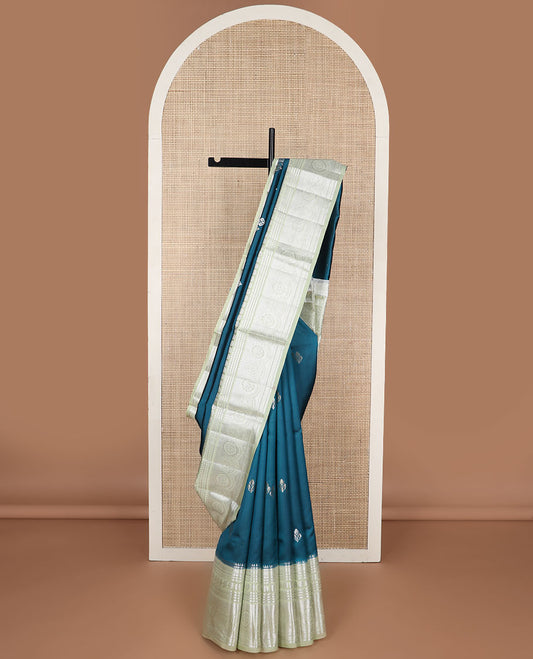 Blue floral motifs raw mango silk saree with contrast zari design border & floral design pallu