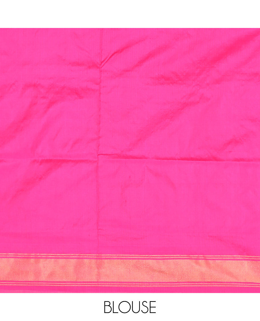 Green Ikkat Silk Saree with Ikkat Buttas Enclosed Jaal Design, Spotlighted with a Contrast Temple Border, Pallu Features Ikkat Jaal Patterns, and with a Contrast Blouse