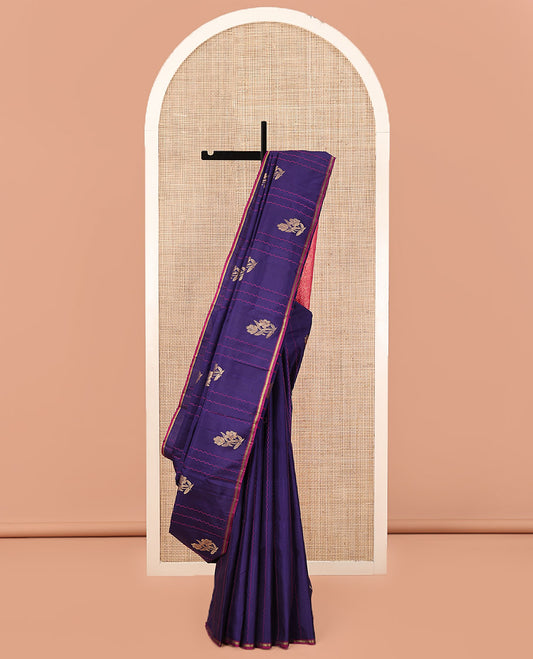 Borderless Blue Kanchipuram Silk Saree, Elevated with Zari Buttas and Zig-Zag Thread Stripes, Complemented by a Contrast Pallu of Zari Butta Enclosed Checked Designs, and Paired with a Contrast Blouse