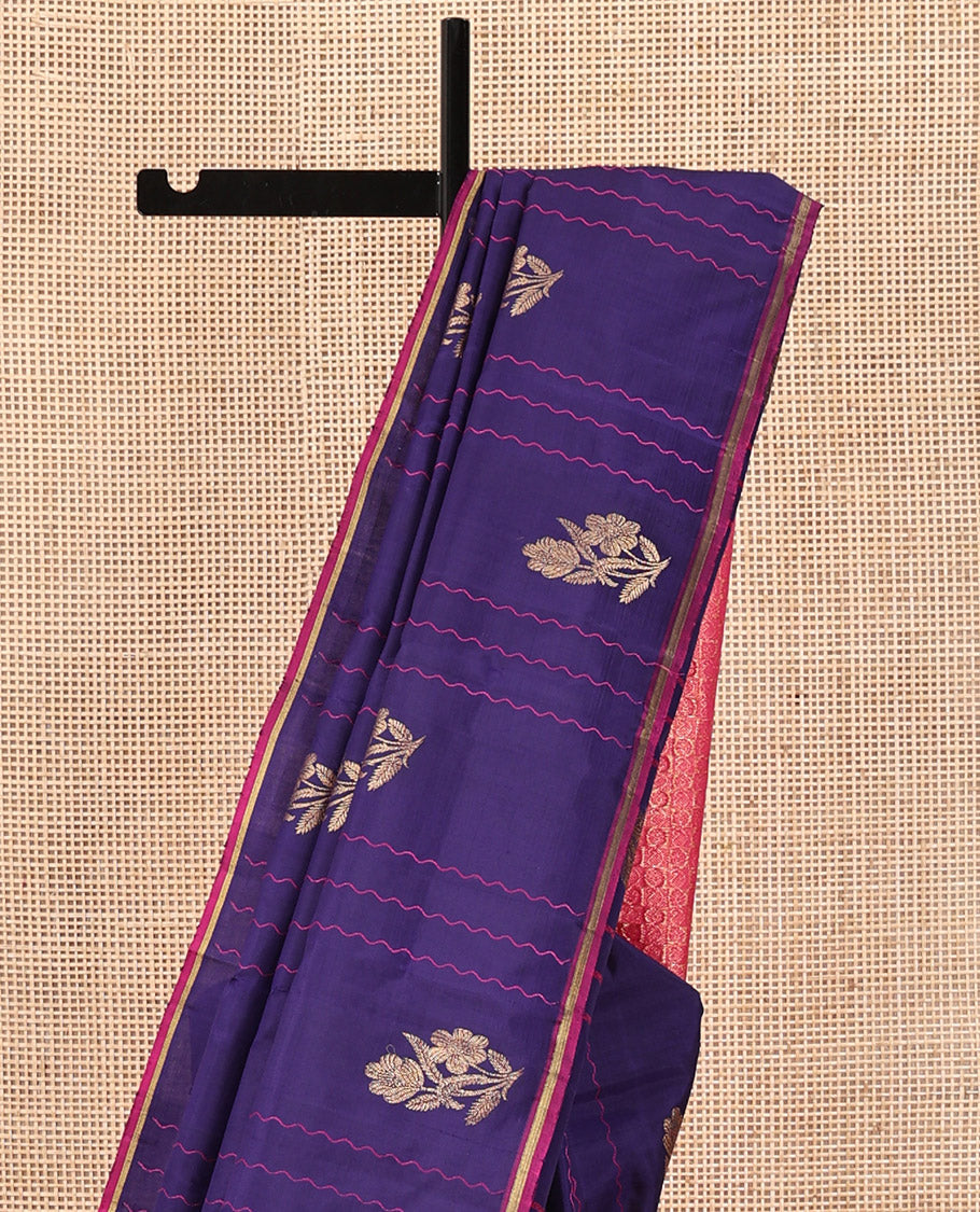 Borderless Blue Kanchipuram Silk Saree, Elevated with Zari Buttas and Zig-Zag Thread Stripes, Complemented by a Contrast Pallu of Zari Butta Enclosed Checked Designs, and Paired with a Contrast Blouse