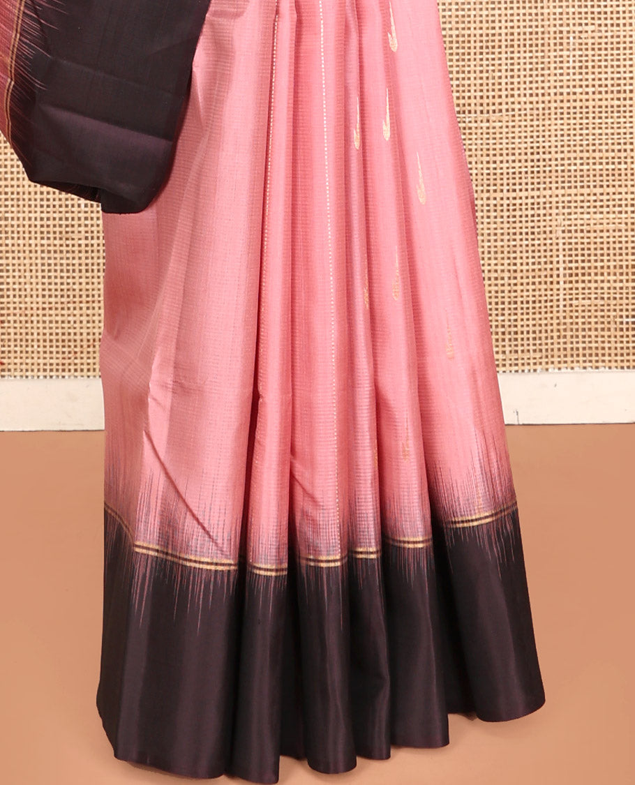 Pink Kanchipuram Silk Saree, Sparsely Threaded with Stripes and Muniya Buttas, Complemented by Contrast Border, Zari-Checked Pallu, and Contrast Blouse