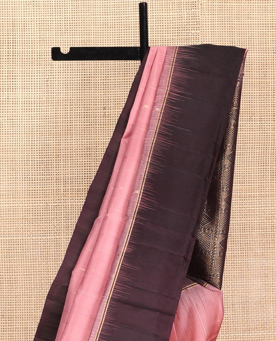 Pink Kanchipuram Silk Saree, Sparsely Threaded with Stripes and Muniya Buttas, Complemented by Contrast Border, Zari-Checked Pallu, and Contrast Blouse