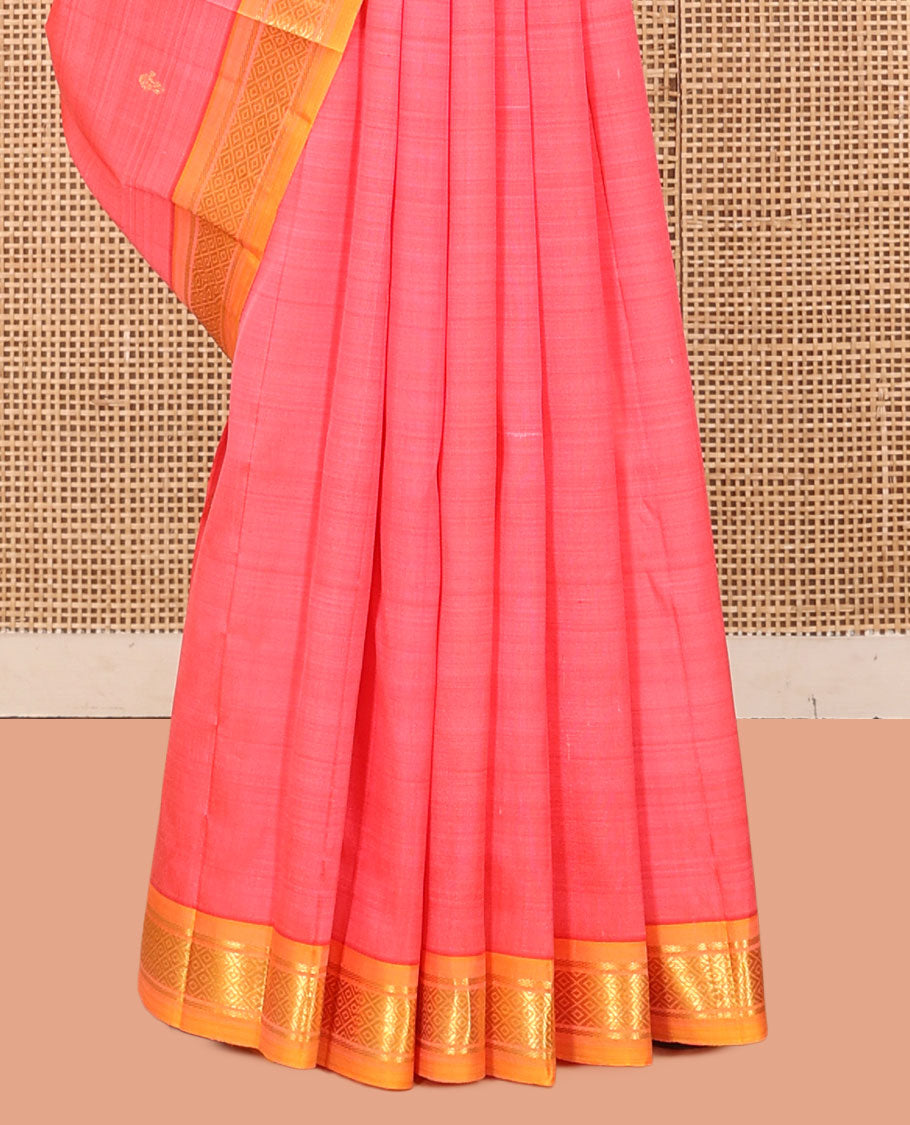 Peach Kanchipuram Silk Saree, Woven with Zari Buttas, a Contrast One-Sided Border of Banaras and Mayil Kann Designs, a Zari Design Pallu, and No Blouse