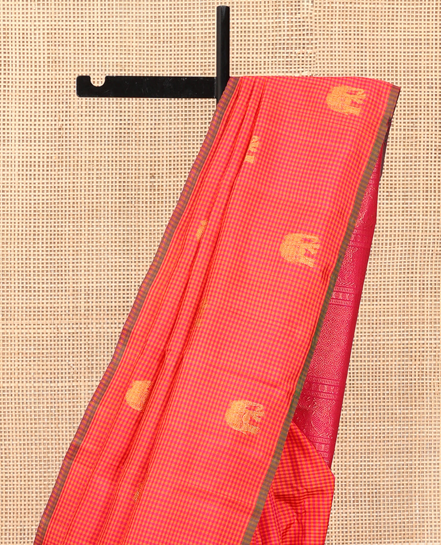 Borderless Orange-Pink Kasa-Kasa Checked Kanchipuram Silk Saree Adorned with Yaanai Buttas, Grand Pallu, and a Matching Blouse