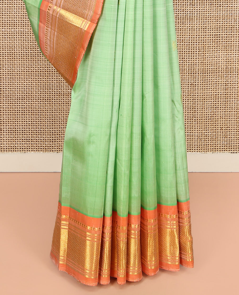 Pista Green Kanchipuram Silk Saree, Woven with Zari Buttas, Contrast One-Sided Border of Panner Sombu, Banaras, Muthu, and Jaal Designs, Zari Design Pallu, and No Blouse