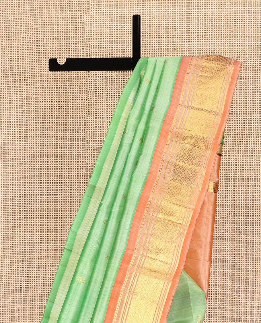 Pista Green Kanchipuram Silk Saree, Woven with Zari Buttas, Contrast One-Sided Border of Panner Sombu, Banaras, Muthu, and Jaal Designs, Zari Design Pallu, and No Blouse