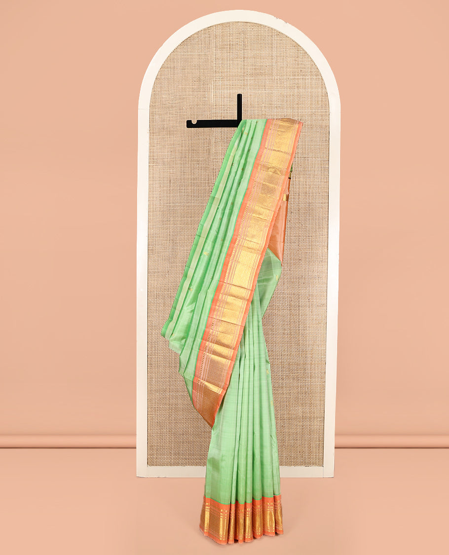 Pista Green Kanchipuram Silk Saree, Woven with Zari Buttas, Contrast One-Sided Border of Panner Sombu, Banaras, Muthu, and Jaal Designs, Zari Design Pallu, and No Blouse
