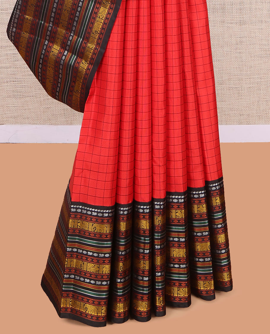 Red Kanchipuram Silk Saree, Woven with Checks, Complemented by a Contrast Korvai Border of Manga, Mayil, Kamalam, Yaanai, and Mayil Kann, Traditional Pallu, and a Contrast Blouse