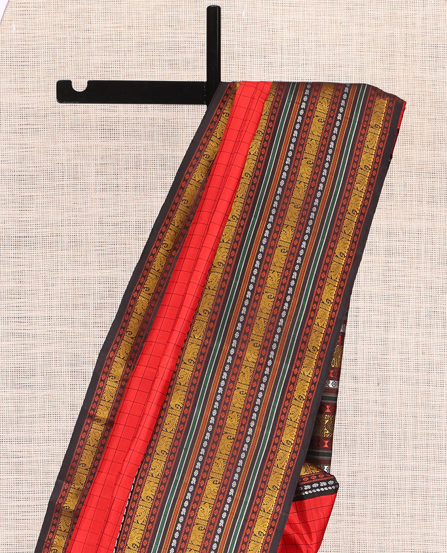 Red Kanchipuram Silk Saree, Woven with Checks, Complemented by a Contrast Korvai Border of Manga, Mayil, Kamalam, Yaanai, and Mayil Kann, Traditional Pallu, and a Contrast Blouse