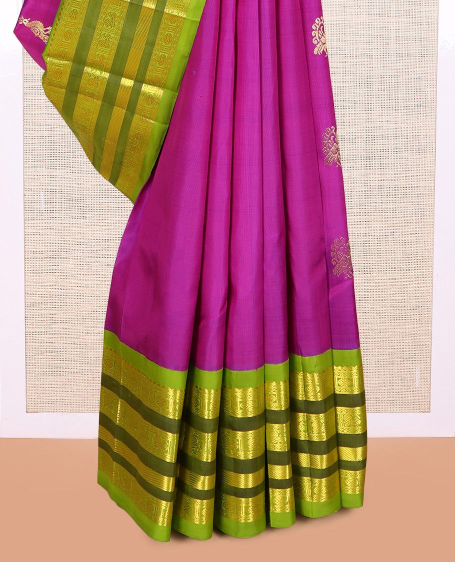 Purple Kanchipuram Silk Saree, Detailed with Zari Buttas, a Contrast Korvai One-sided Border of Salngai, Neli, Poun, and Mayil Designs, Pallu of Floral Designs, and No Blouse