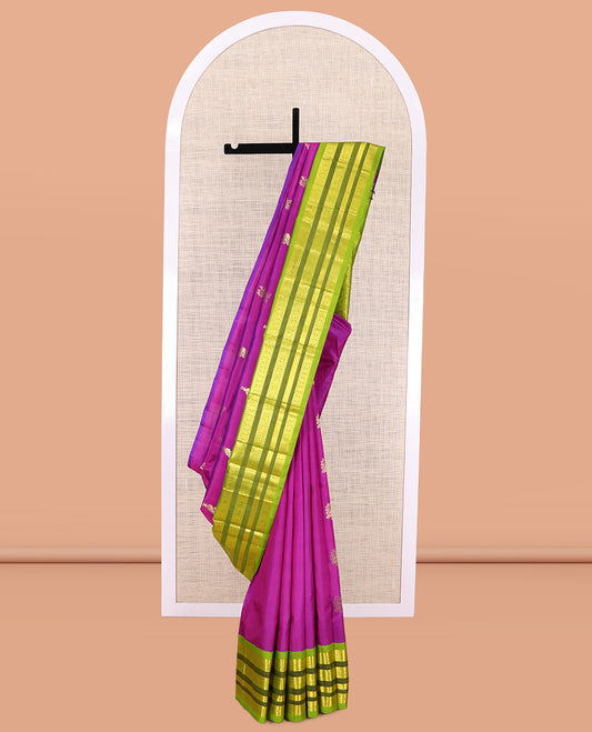 Purple Kanchipuram Silk Saree, Detailed with Zari Buttas, a Contrast Korvai One-sided Border of Salngai, Neli, Poun, and Mayil Designs, Pallu of Floral Designs, and No Blouse