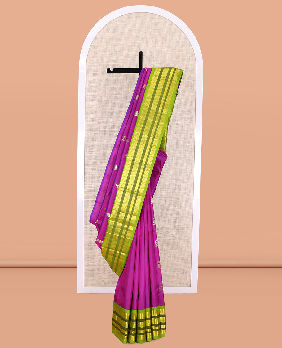 Purple Kanchipuram Silk Saree, Detailed with Zari Buttas, a Contrast Korvai One-sided Border of Salngai, Neli, Poun, and Mayil Designs, Pallu of Floral Designs, and No Blouse
