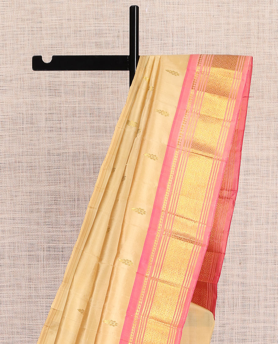 Sandal Kanchipuram Silk Saree, Woven with Zari Buttas, a Contrast One-Sided Border of Panner Sombu, Banaras, Muthu, and Jaal Designs, Zari Design Pallu, and No Blouse
