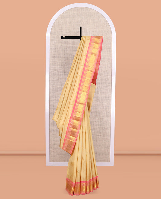 Sandal Kanchipuram Silk Saree, Woven with Zari Buttas, a Contrast One-Sided Border of Panner Sombu, Banaras, Muthu, and Jaal Designs, Zari Design Pallu, and No Blouse
