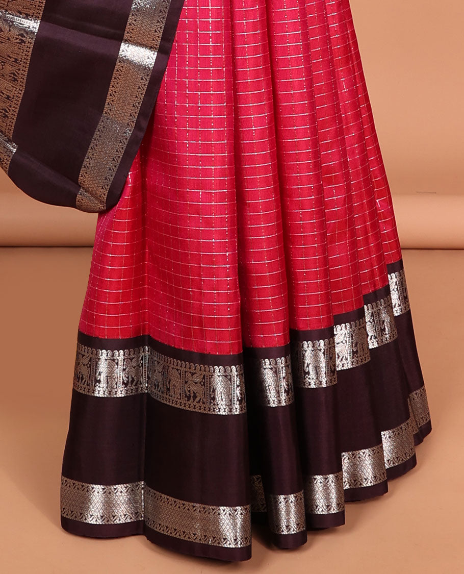Pink checked kancheepuram silk saree with contrast traditional zari border & intricate jaal zari pallu