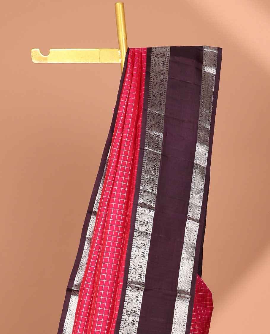 Pink checked kancheepuram silk saree with contrast traditional zari border & intricate jaal zari pallu