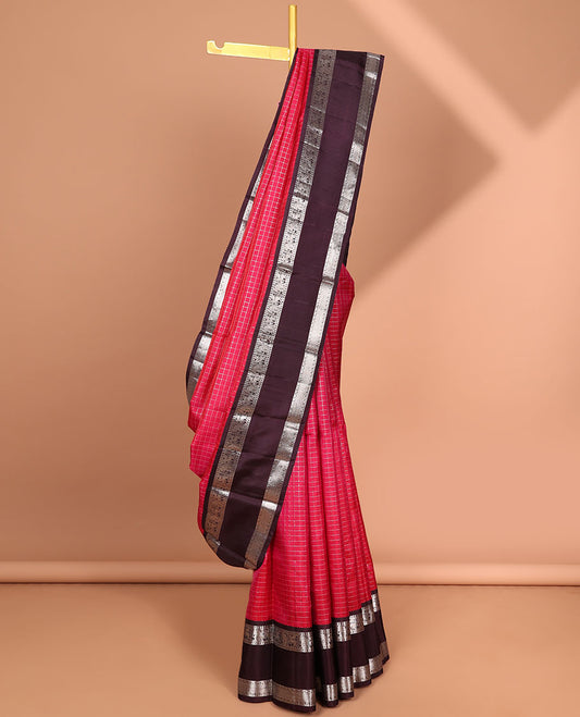 Pink checked kancheepuram silk saree with contrast traditional zari border & intricate jaal zari pallu