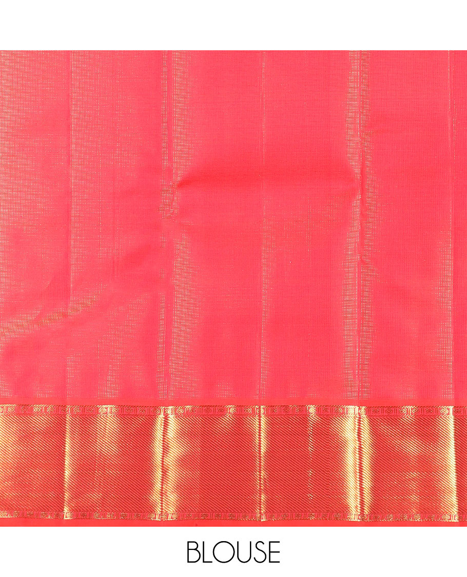Blue mayil chakram buttas Kanchipuram silk saree, zari border of rudraksham and diamond designs, and intricate pallu
