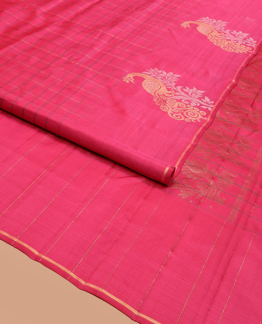 Pink Kanchipuram Silk Saree Featuring Muthu Checks and Mayil Buttas, Adorned with a Zari Piping Border, with a Pallu Woven in an Elegant Floral Design, Paired with a Plain Blouse