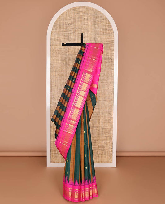 Green & copper color striped kancheepuram silk saree with zari buttas, contrast one-sided thazampoo rekku border of thilakam mokku, banaras, muthu & jaal design & zari design pallu