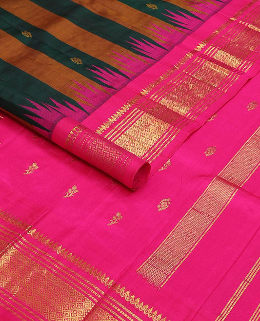 Green & copper color striped kancheepuram silk saree with zari buttas, contrast one-sided thazampoo rekku border of thilakam mokku, banaras, muthu & jaal design & zari design pallu
