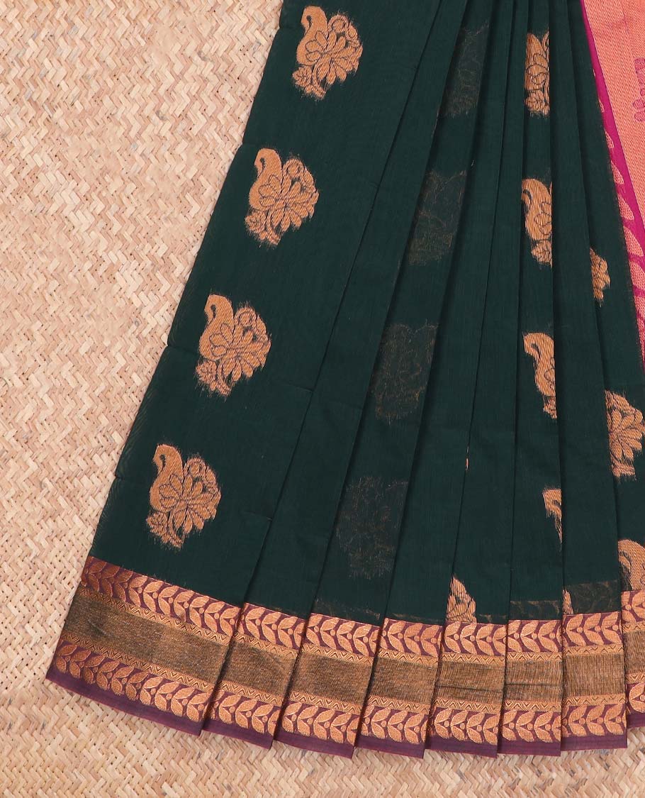Bottle green floral motifs kora cotton saree with contrast leaf zari design border & floral zari design pallu