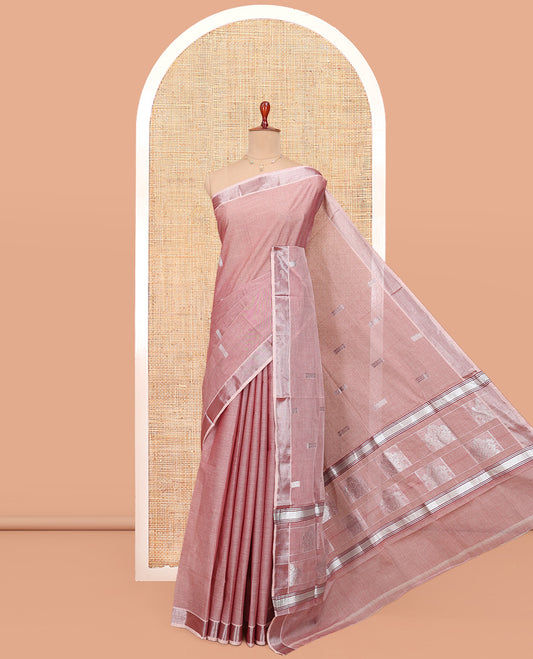 Pink Kerala Cotton Saree, Embellished with Buttas All Over Its Body, a Zari Bavanji Border, Pallu of Intricate Designs, and Paired with a Matching Blouse