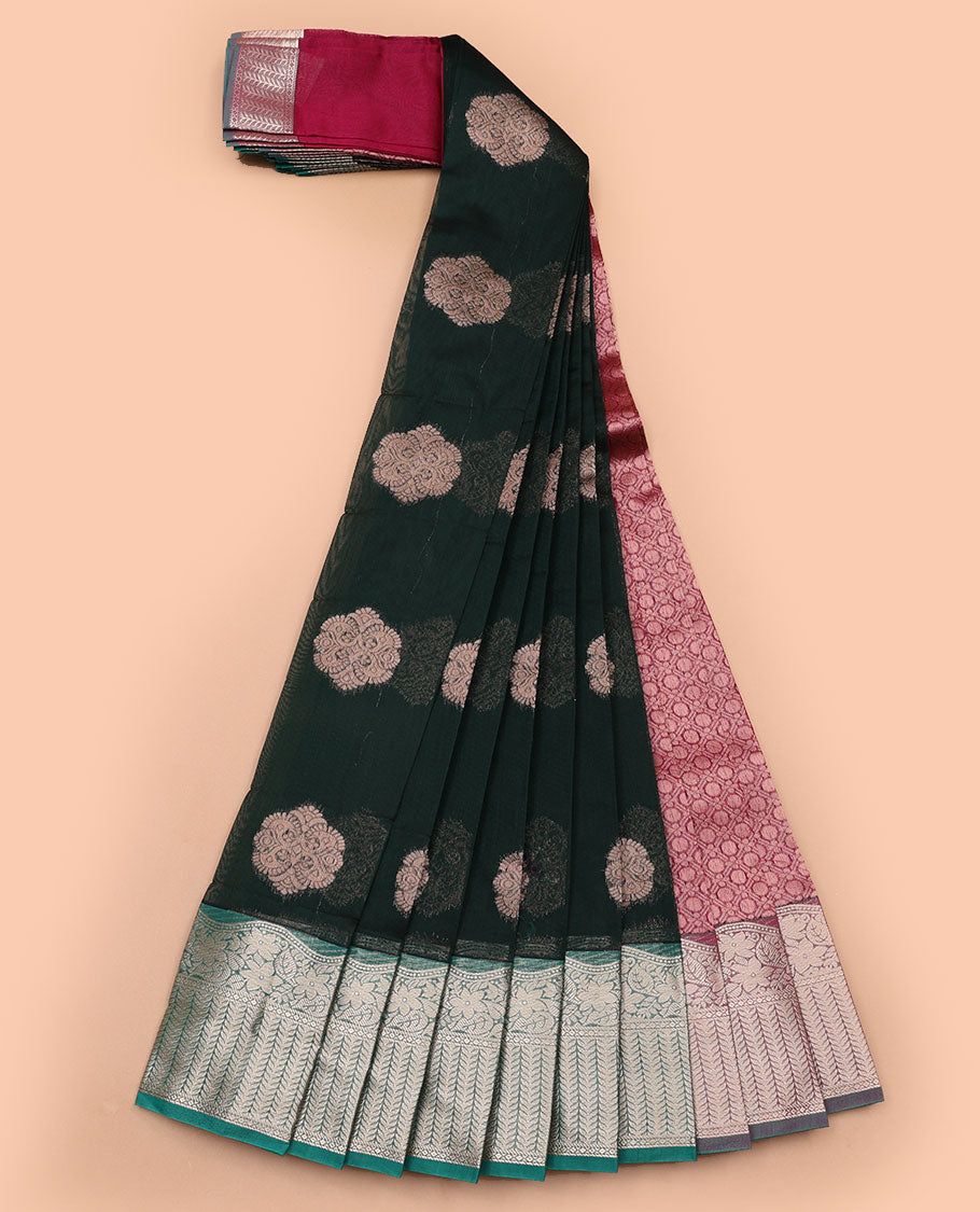 Bottle green floral design kora cotton saree with contrast border of intricate zari design & jaal design pallu