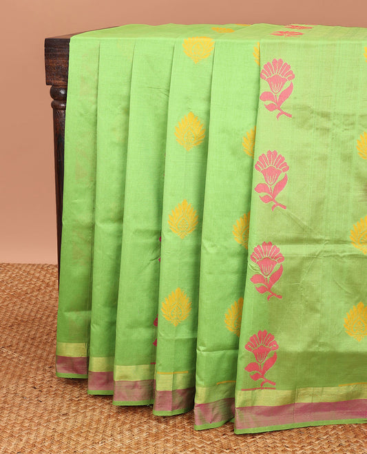 Parrot green kuppadam cotton saree with floral buttas, contrast plain border & pallu of intricate designs