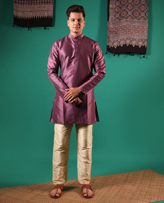 Purple buttas embossed with full-sleeved men's kurta