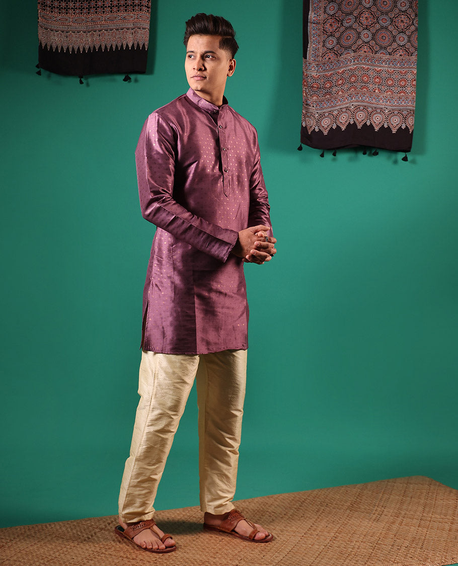 Purple buttas embossed with full-sleeved men's kurta