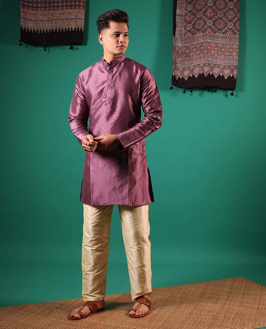 Purple buttas embossed with full-sleeved men's kurta