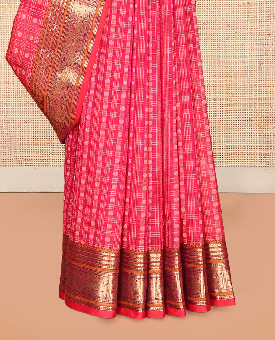 Pink Buttas Enclosed Checked Kuppadam Silk Saree, a Yazhi Border, Grand Pallu, a Matching Blouse
