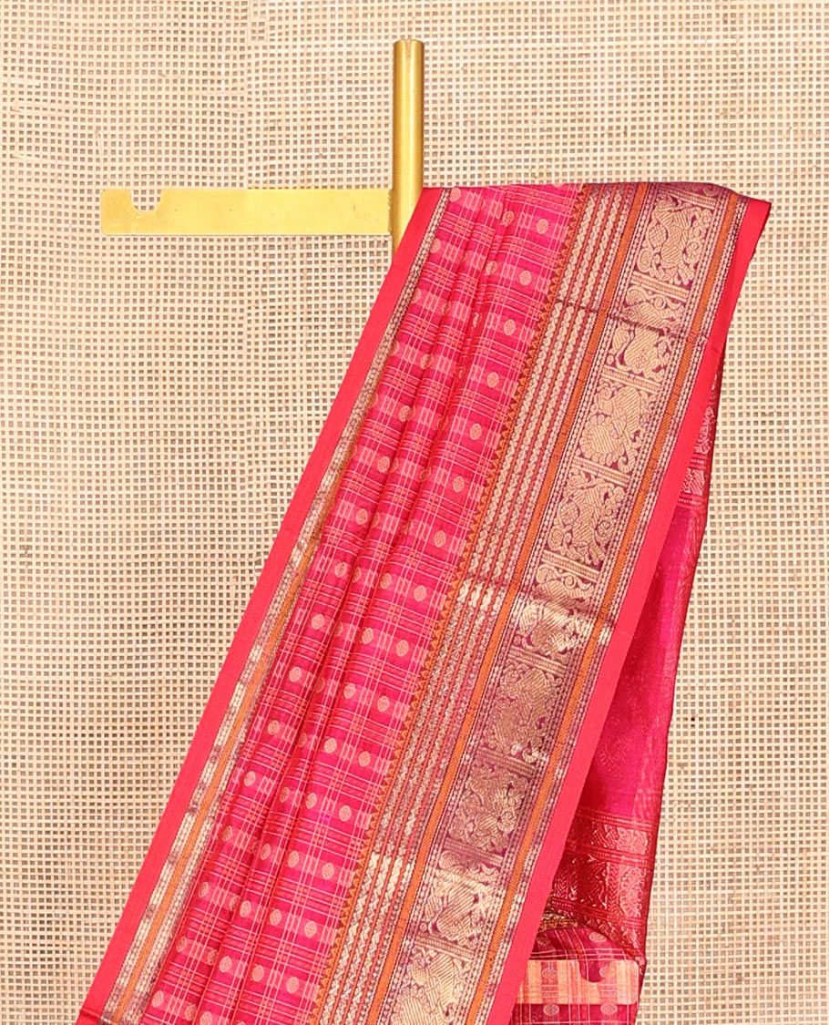 Pink Buttas Enclosed Checked Kuppadam Silk Saree, a Yazhi Border, Grand Pallu, a Matching Blouse