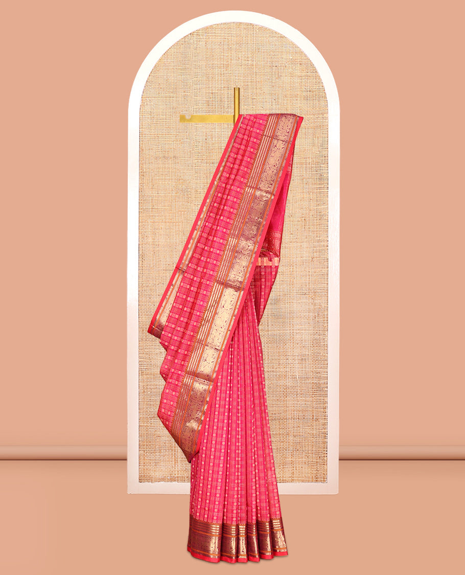 Pink Buttas Enclosed Checked Kuppadam Silk Saree, a Yazhi Border, Grand Pallu, a Matching Blouse