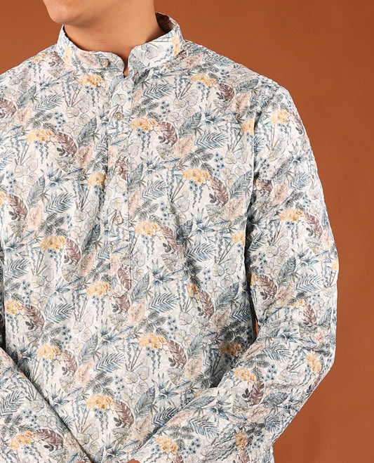 Pale Blue Tropical-Leaf Printed Full-Sleeved Men's Kurta